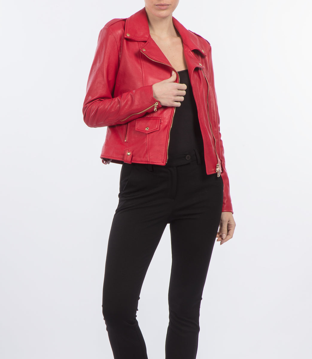 Red leather biker jacket on sale womens