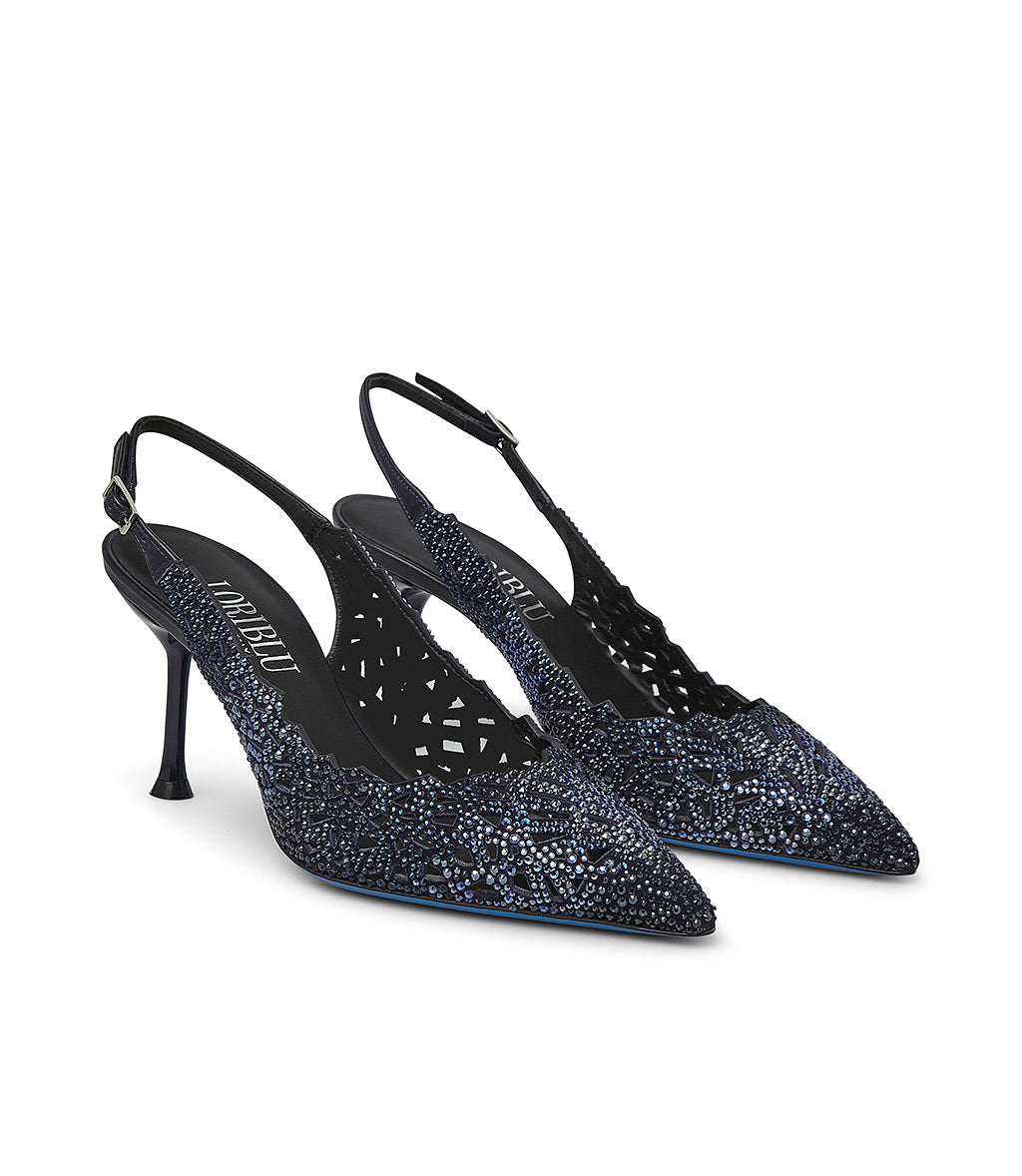 Slingback in camoscio blu con cristalli