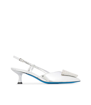 Silver laminated mirror synthetic leather jewel slingback pumps