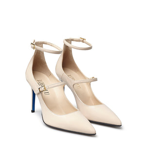 Shiny sand leather double strap pumps