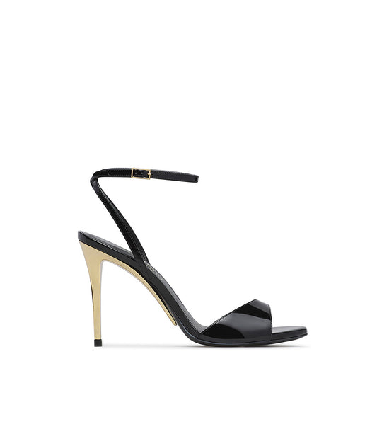 Gold metal sculpture heel black patent leather sandals