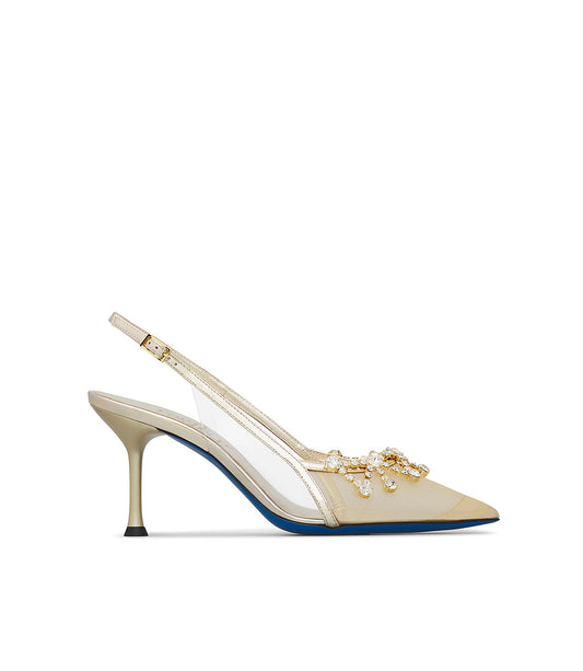Slingback gioiello in nappa e tessuto sintetico platino