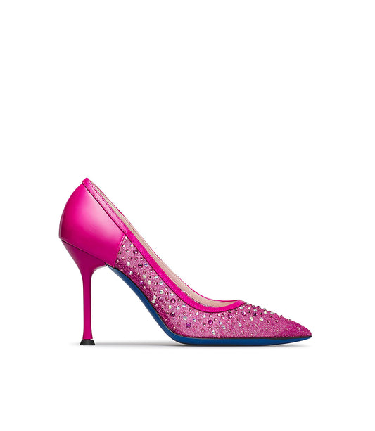 Décolleté in tricot e vernice fucsia con cristalli