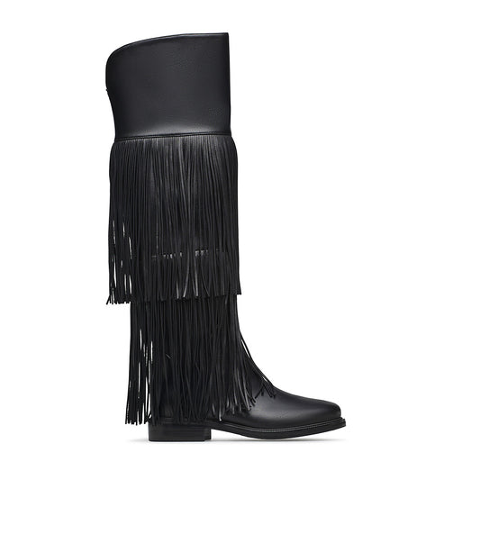 Stivale alto a ginocchio in nappa nero con frange e tacco basso