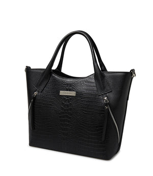 Black embossed texture leather tote bag