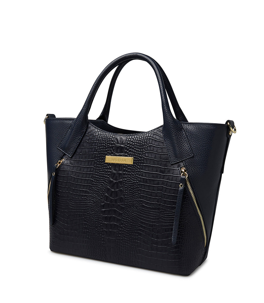 Borsa tote blu notte in pelle stampata