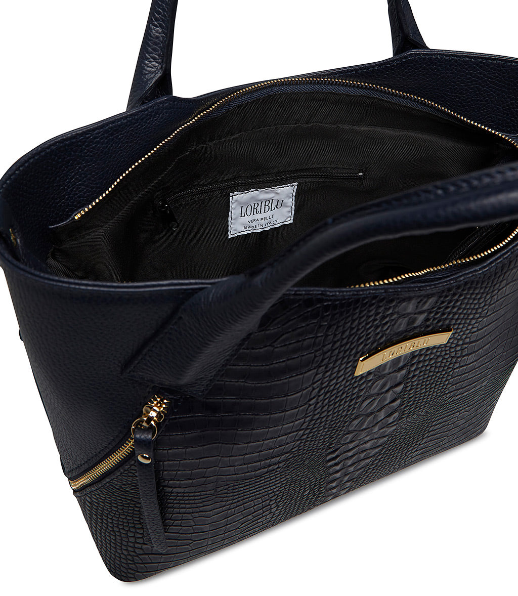 Dark blue embossed texture leather tote bag