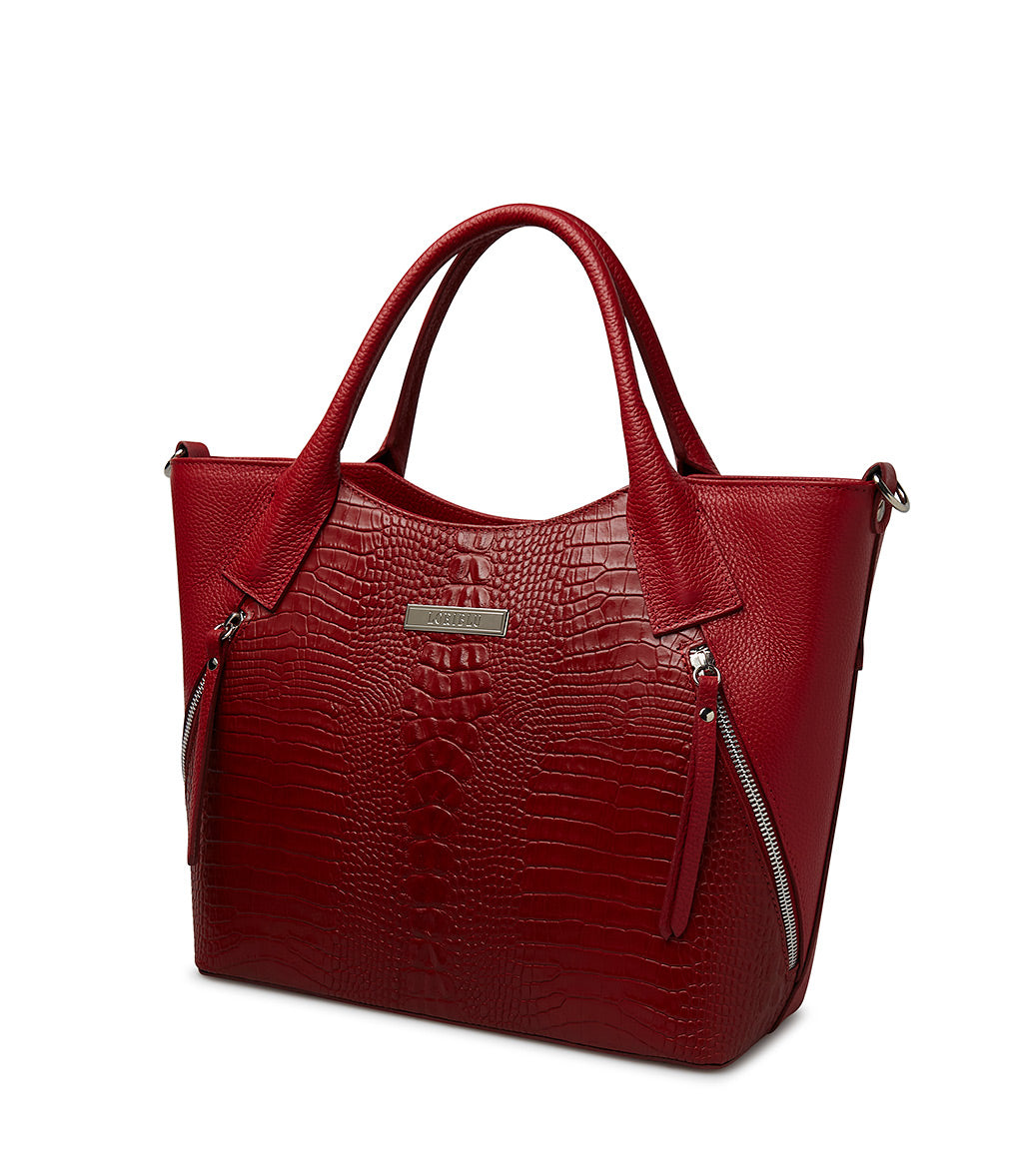 Burgundy embossed texture leather tote bag