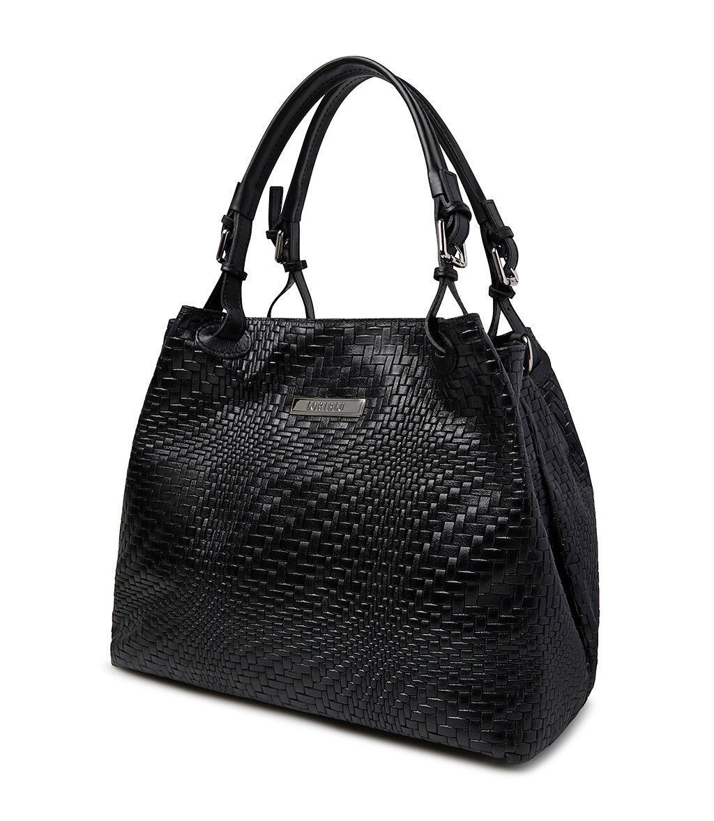 Black woven leather tote bag