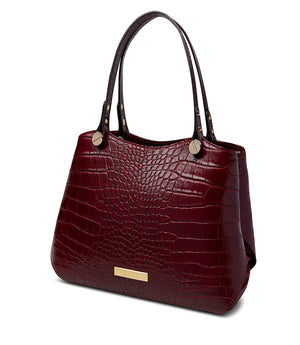 Burgundy embossed texture leather tote bag