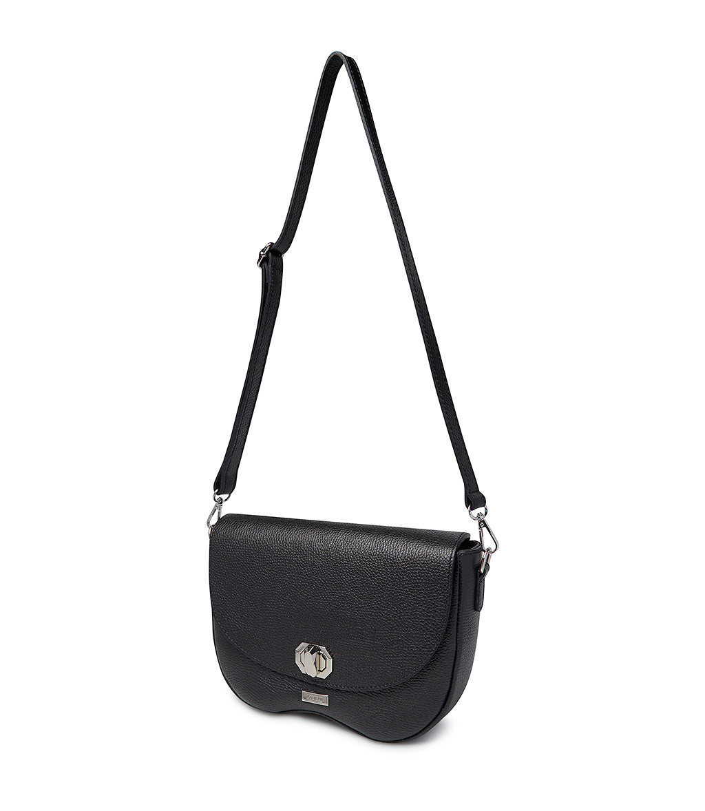 Textured black leather crossbody bag