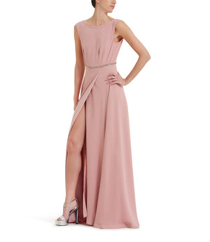 Crystals emebllished powder pink long party dress 